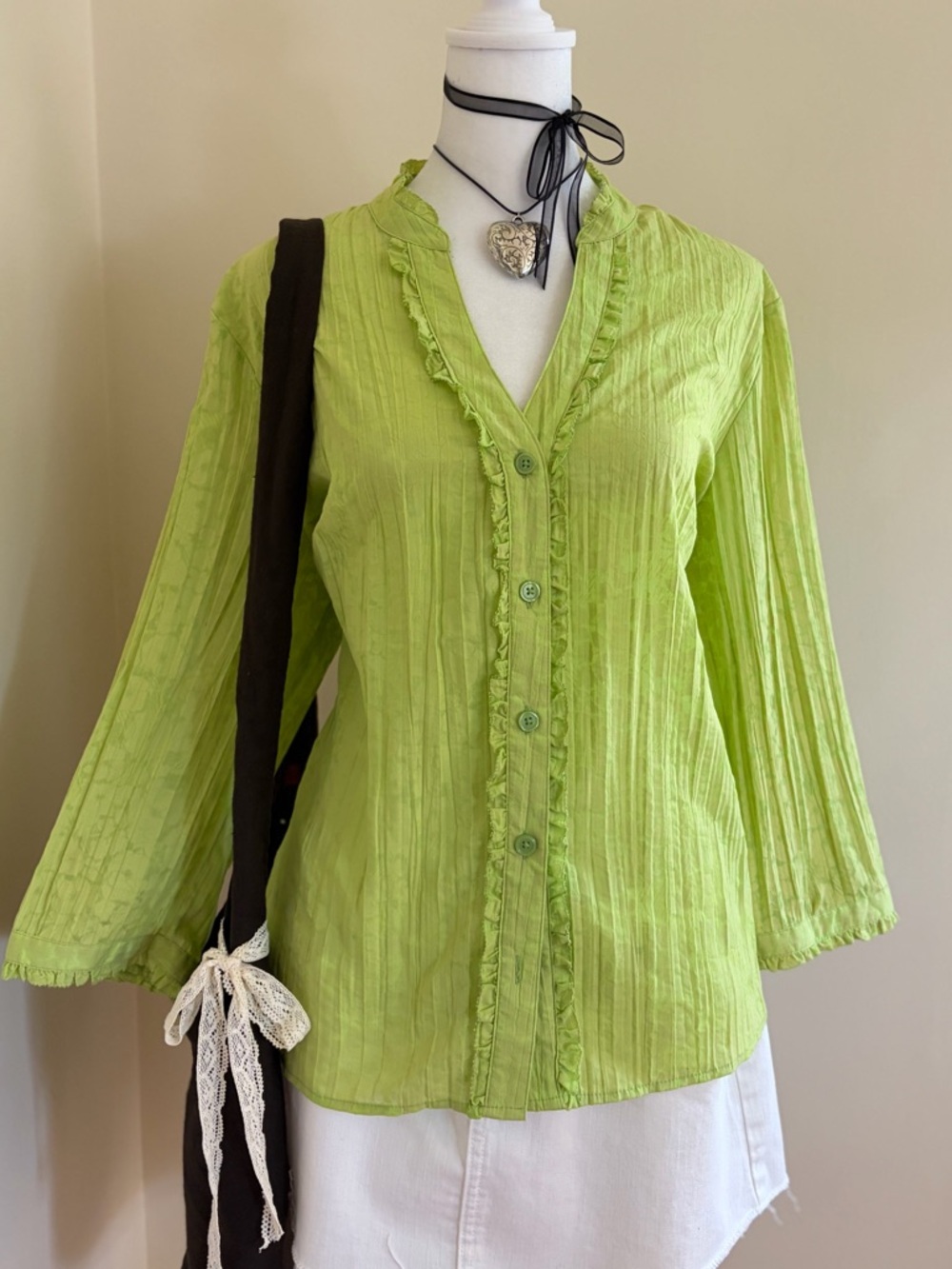 Vintage Y2K coquette ruffle floral fairy green preppy lolita button up blouse L
